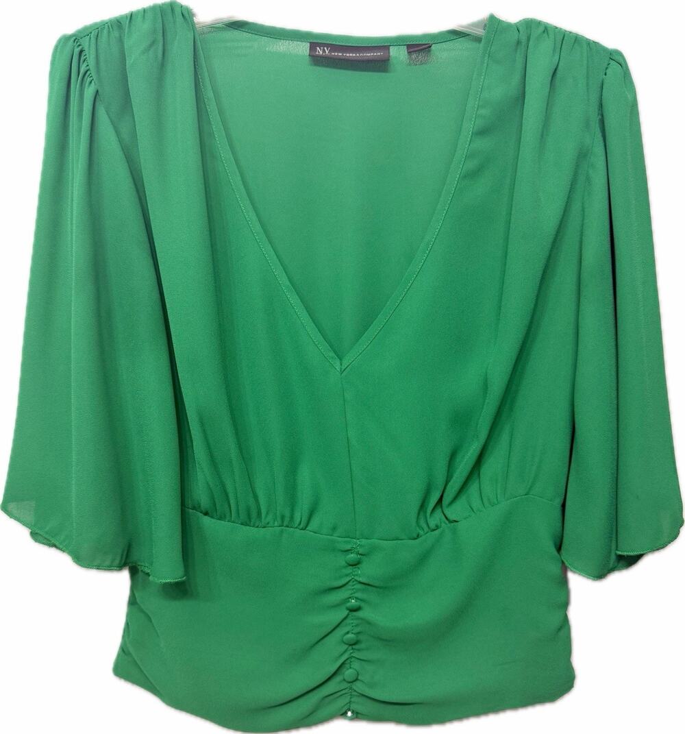 New York & Co. Green V-Neck Blouse w. Button-Front Bodice, 3/4 Bell Sleeves - Sm